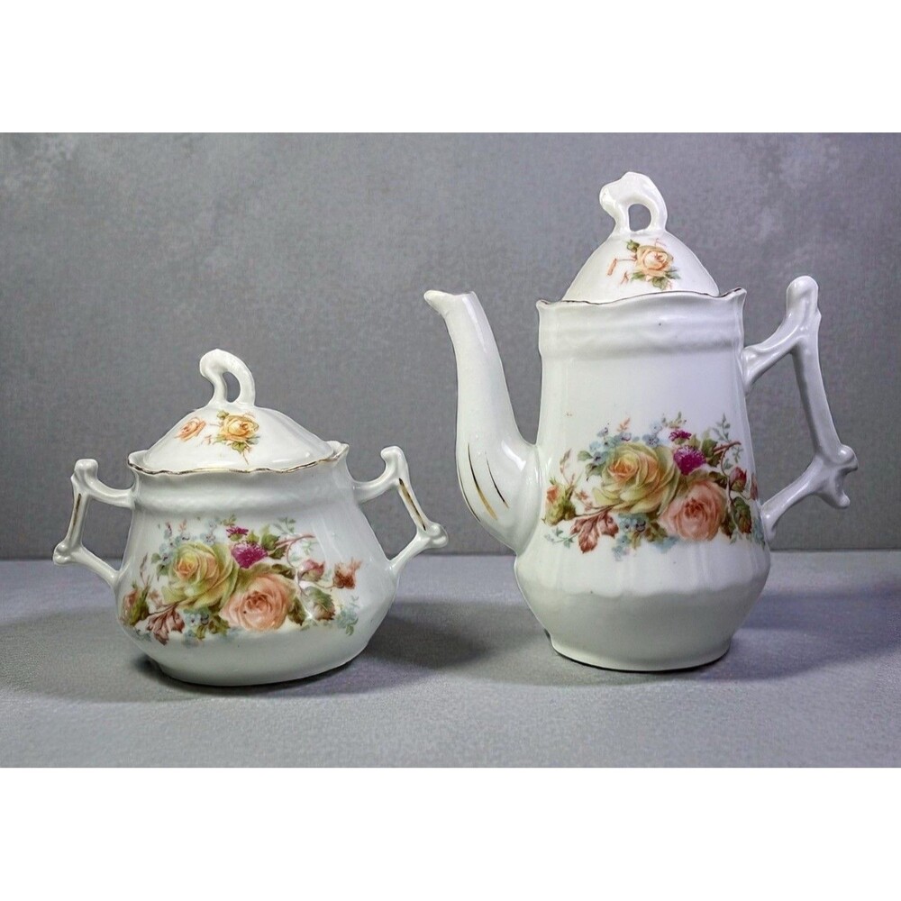 Vintage Porcelain Teapot Sugar Bowl Set Pink Yellow Rose Floral Gold Trim Lids